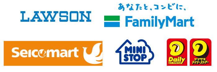 Lawson, FamilyMart, Seicomart, Ministop, Daily Yamazaki logos